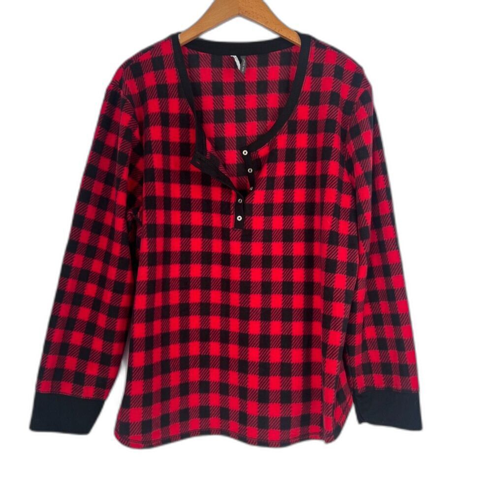 Jaclyn Intimates Red Black‎ Buffalo Plaid Fleece Button Vneck Sleep Top Size 2X